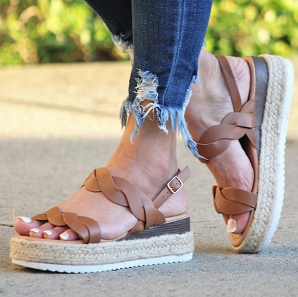 Shoes - Brown Braided Wrap Platform Sandals